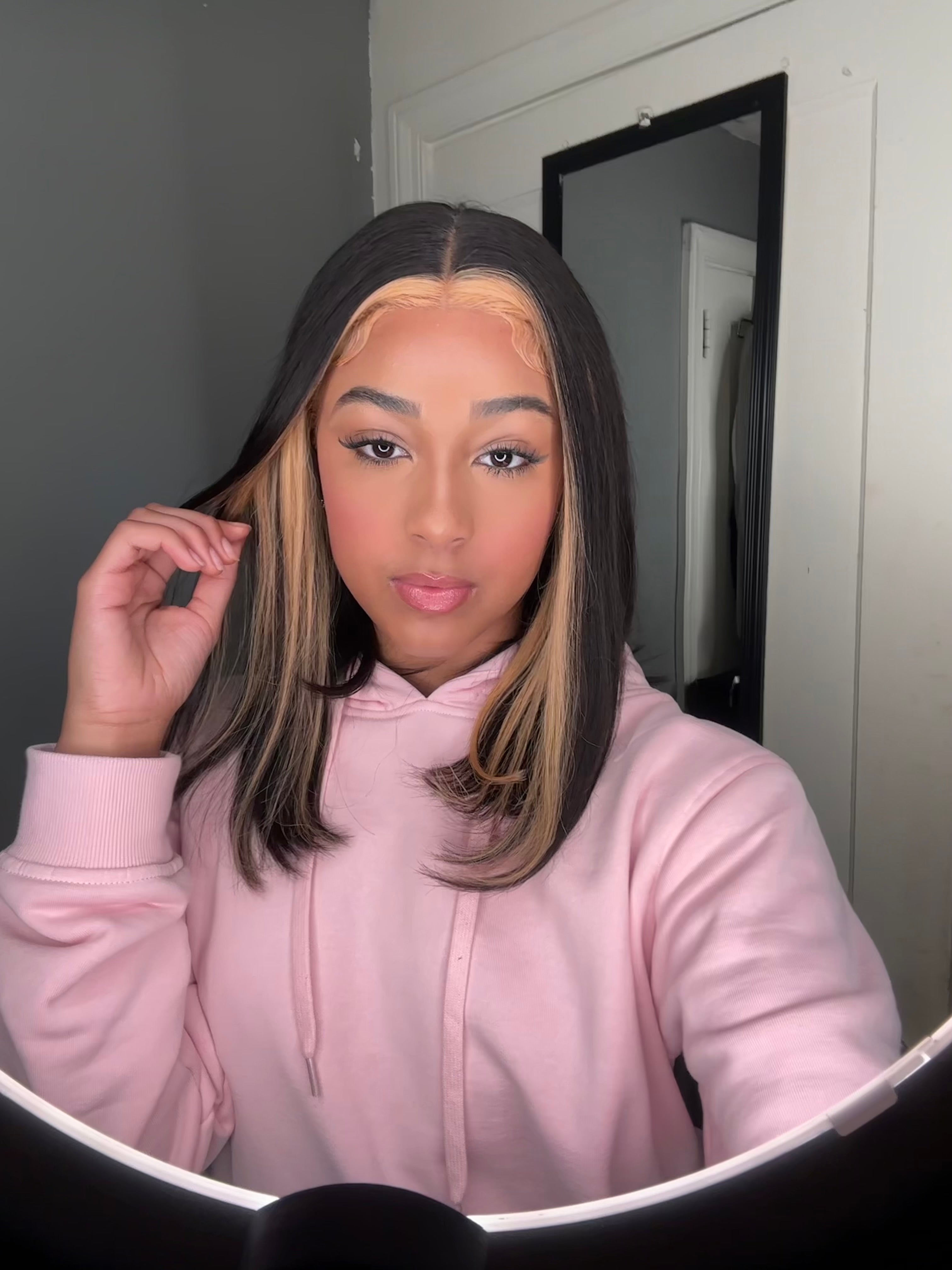 Straight Center Part Long Bob 1B with Blonde Front Highlight Wig