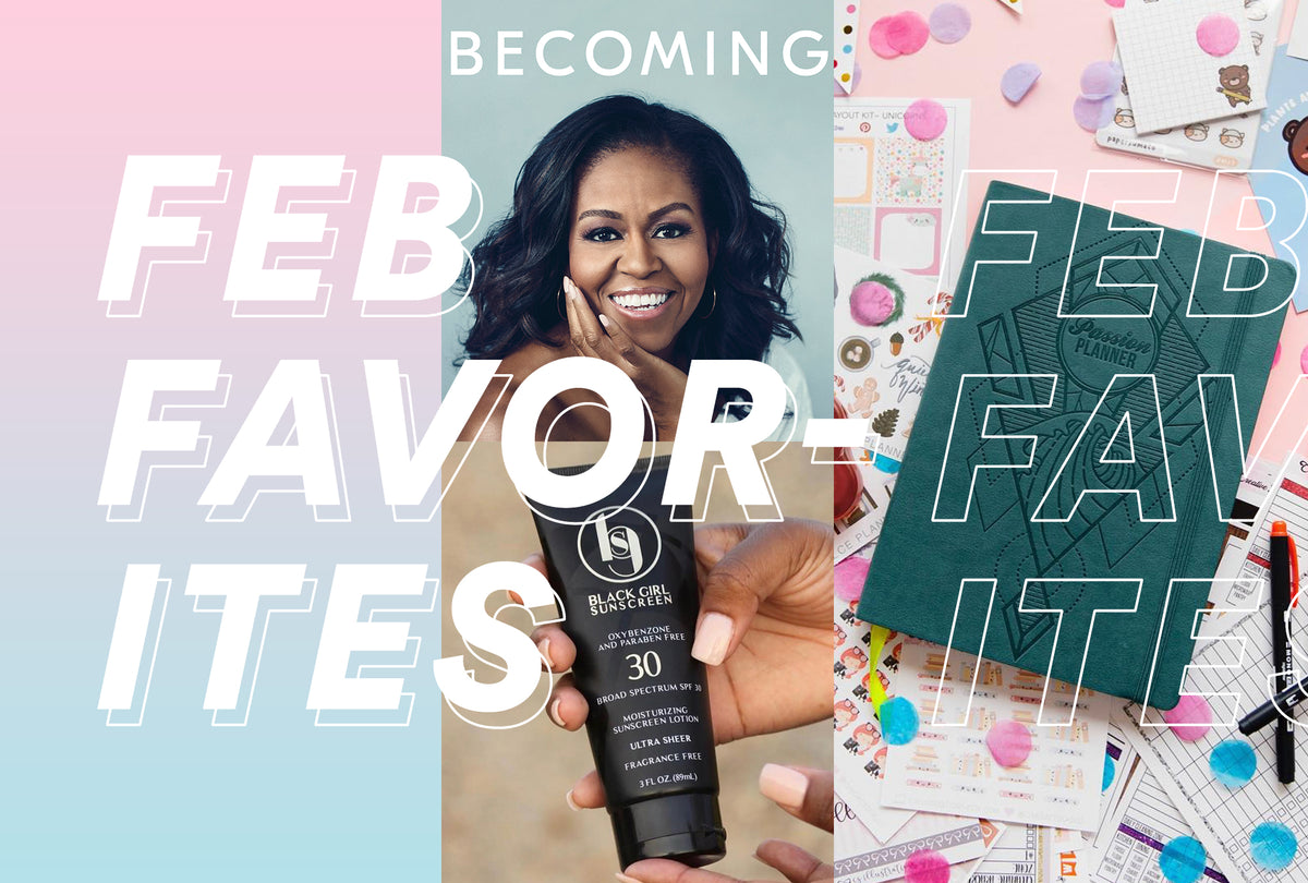 Beauty and hair products picked as February favorites laid out together