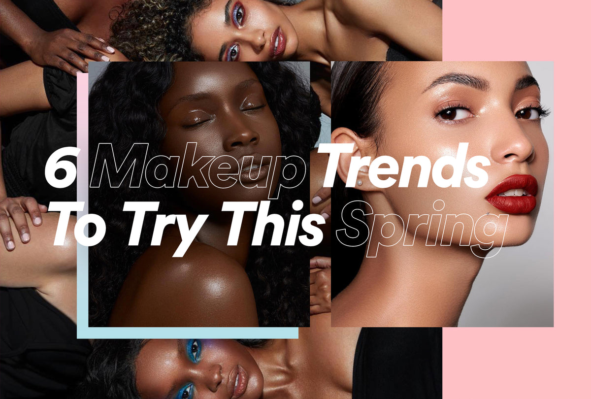 Spring makeup trends including bright shadow and glossy lips on brown skin