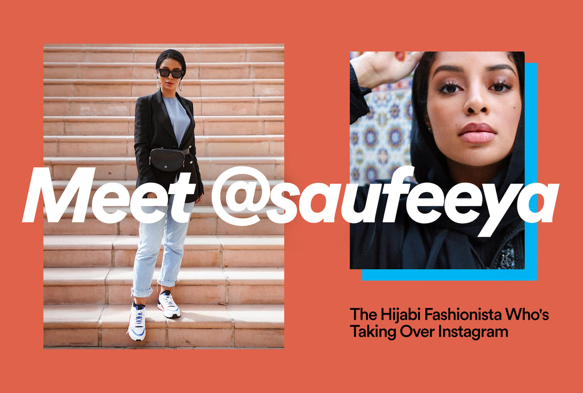Fashion influencer Saufeeya wearing a styled hijab and coordinated outfit