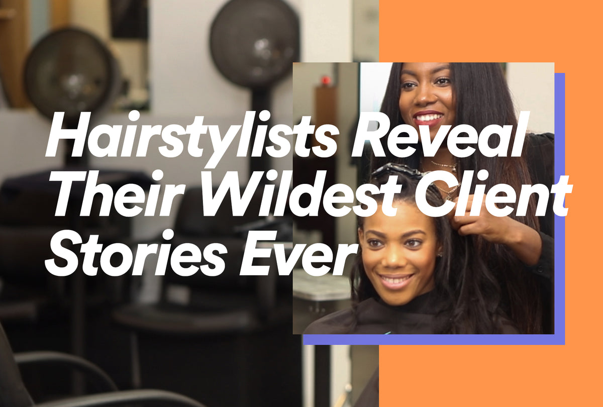 Hairstylist working on a client in a busy salon while sharing stories
