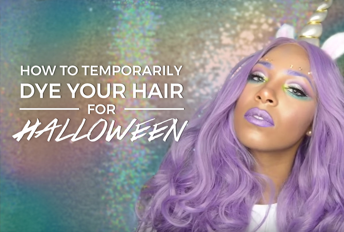 Bright temporary hair color sprayed onto styled hair for a Halloween look