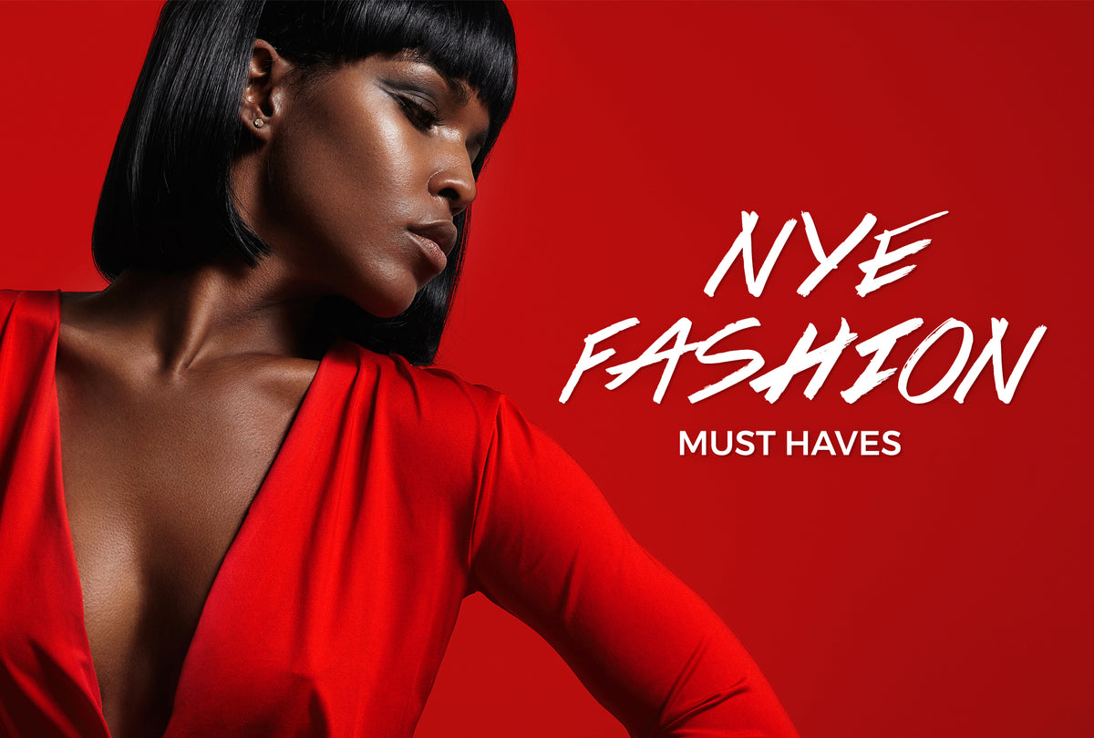 New Year outfit essentials including sequins and heels laid out flat