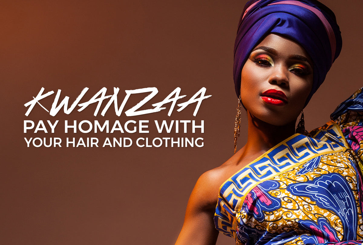Woman wearing African print clothing and a headwrap for a Kwanzaa celebration