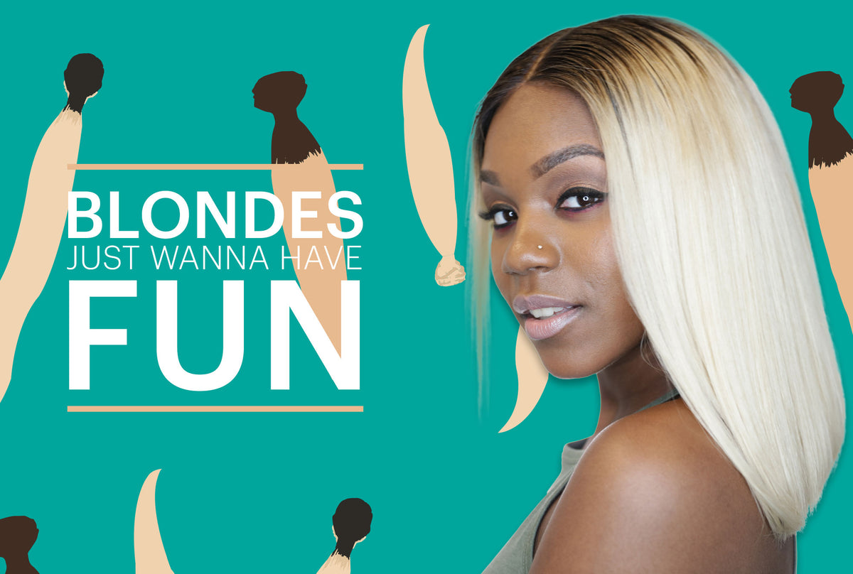 Black woman wearing a long blonde weave outdoors in bright summer sunlight