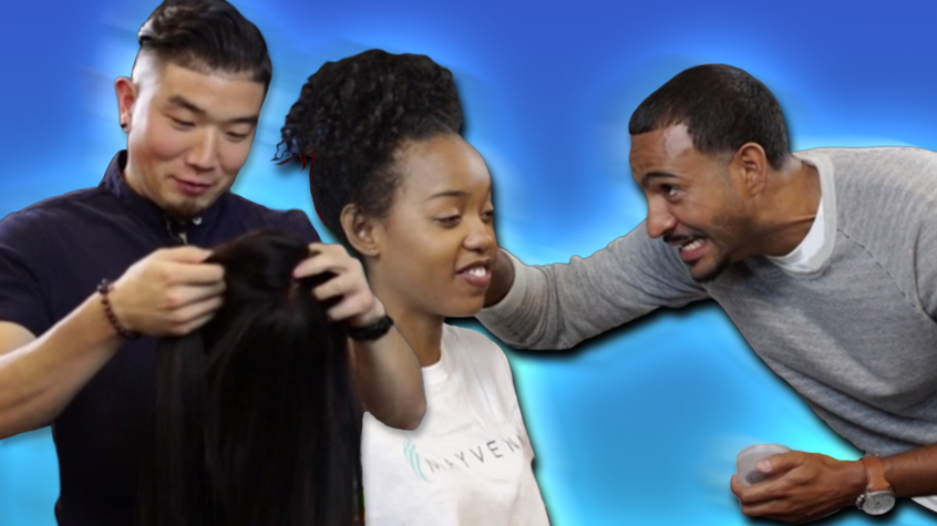 Mayvenn team members attempting to style a Black woman hair in a video challenge