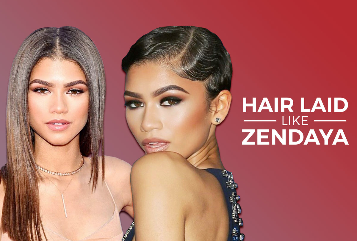 Zendaya on the red carpet wearing a sleek center-parted hairstyle