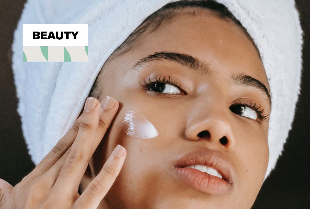 Skincare product label being checked for questionable ingredients