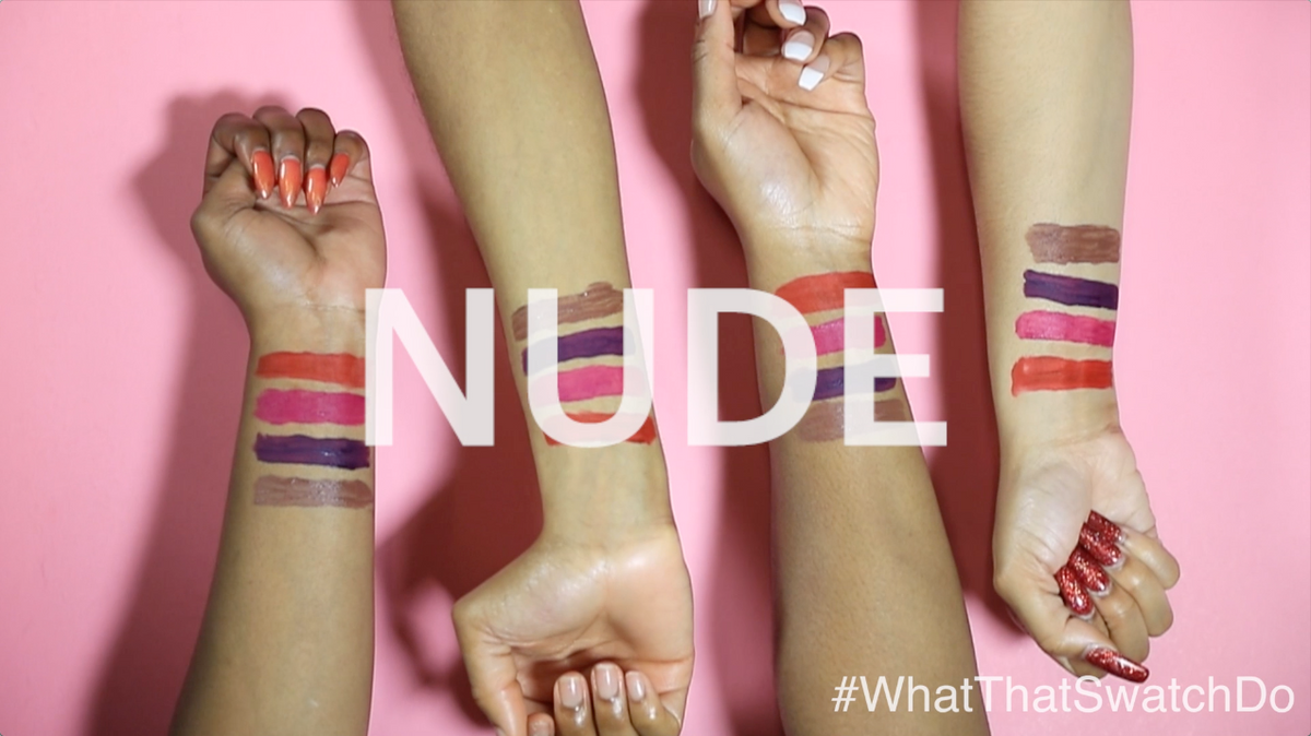 Three nude lipstick shades swatched side by side on deep brown skin