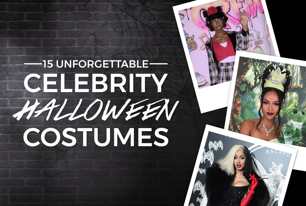 Celebrities wearing elaborate Halloween costumes and matching styled wigs
