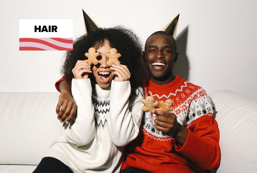 Festive Christmas hairstyle, makeup and outfit styled on a Black woman