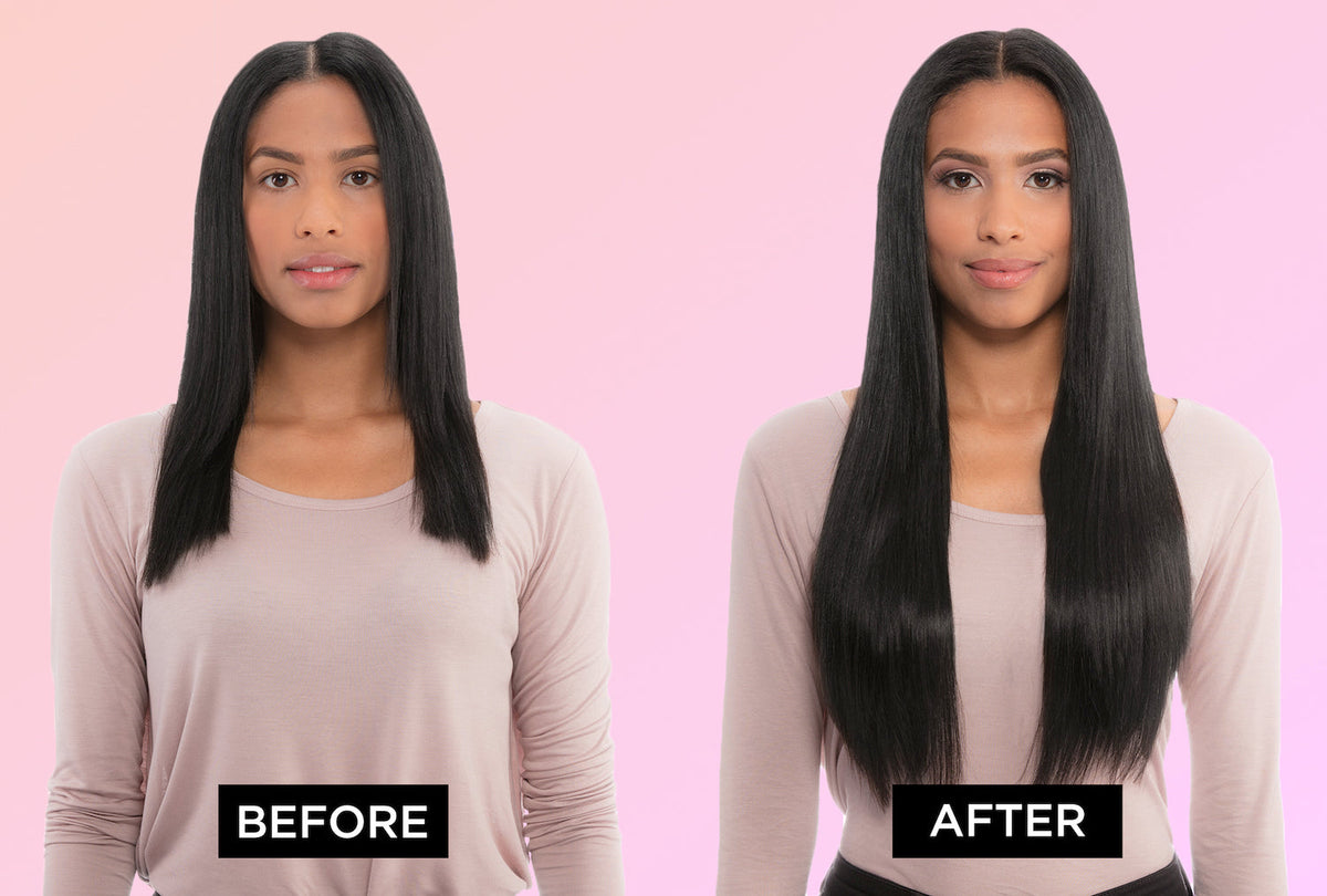 Seamless clip-in hair extensions being clipped into sectioned natural hair