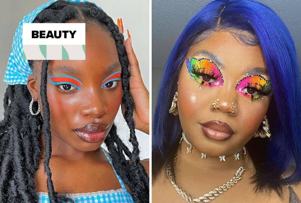 Bright colorful eyeshadow and blush worn on deep skin