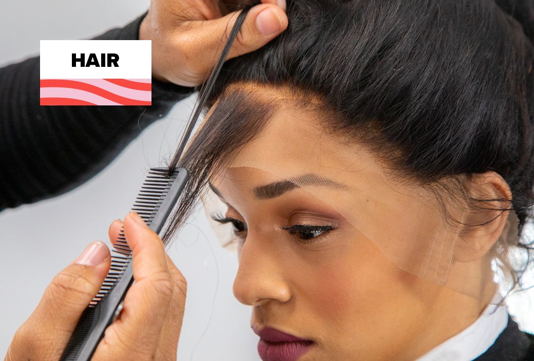 Stylist sewing a 360 frontal around the perimeter of a braided head