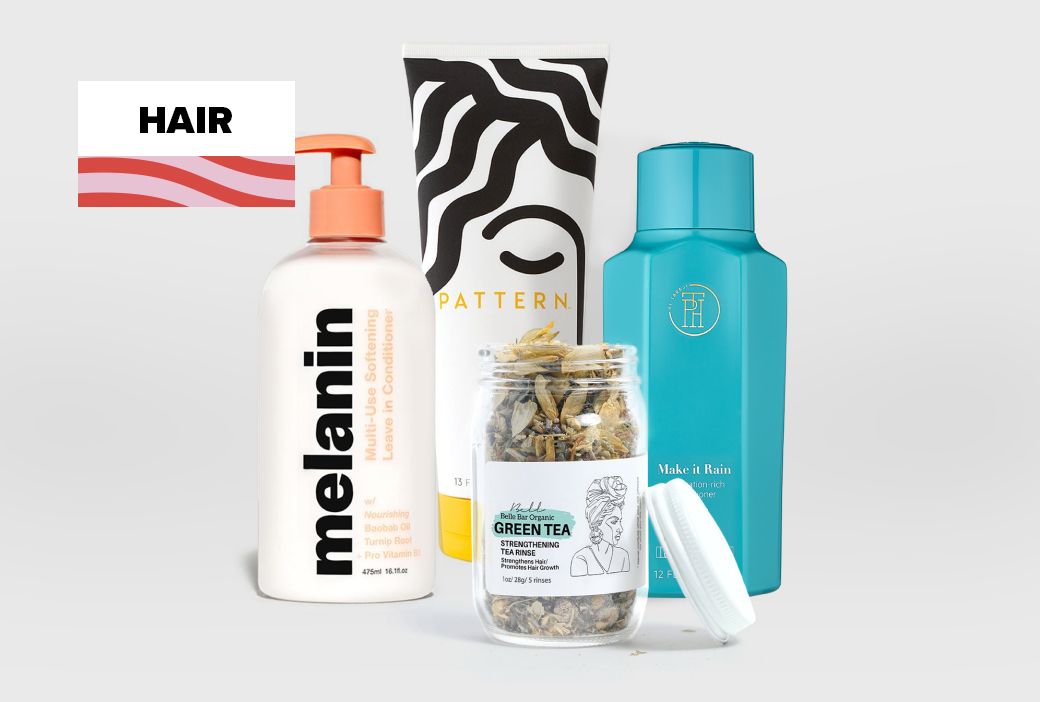 Natural hair care products from Black-owned brands arranged together