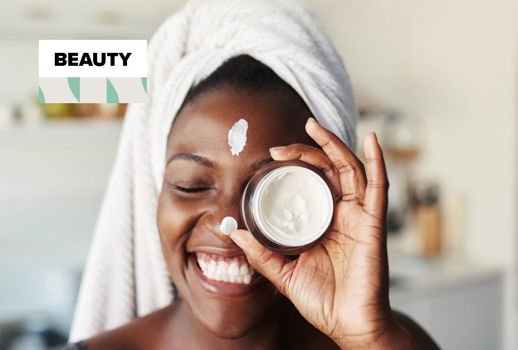 Skincare products laid out while common beauty myths are debunked