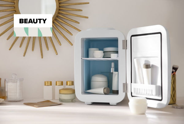 Small skincare fridge holding serums and face masks