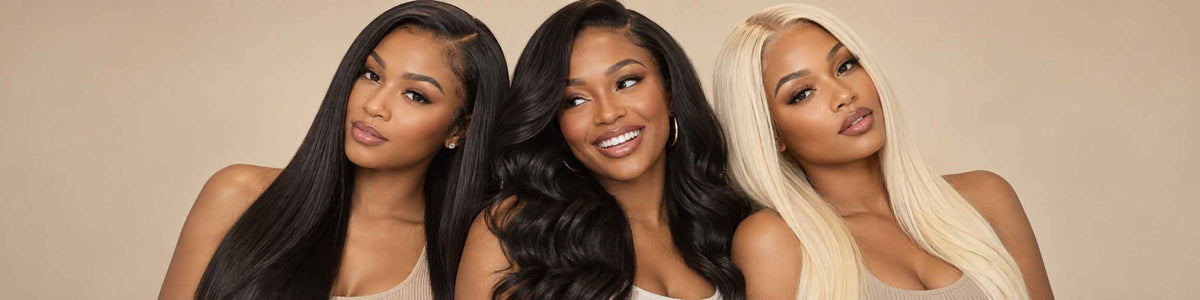 Three models wearing 13x4 lace frontal wigs in black, dark brown and platinum blonde