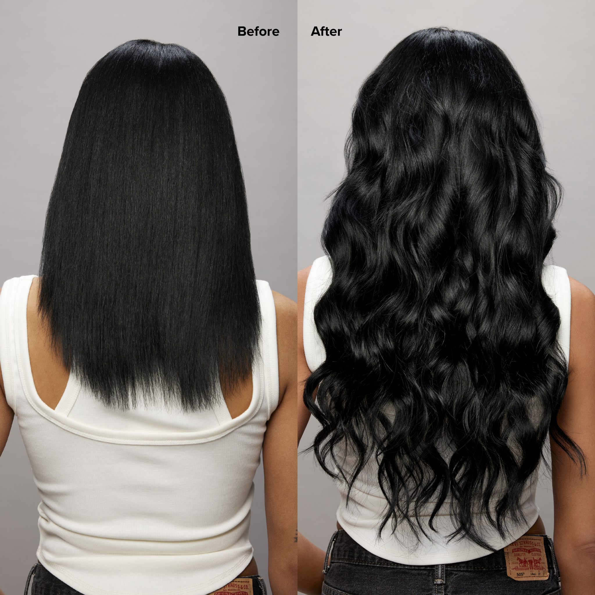 1A Ash Black Seamless Straight Clip-In Hair Extensions Before and After
