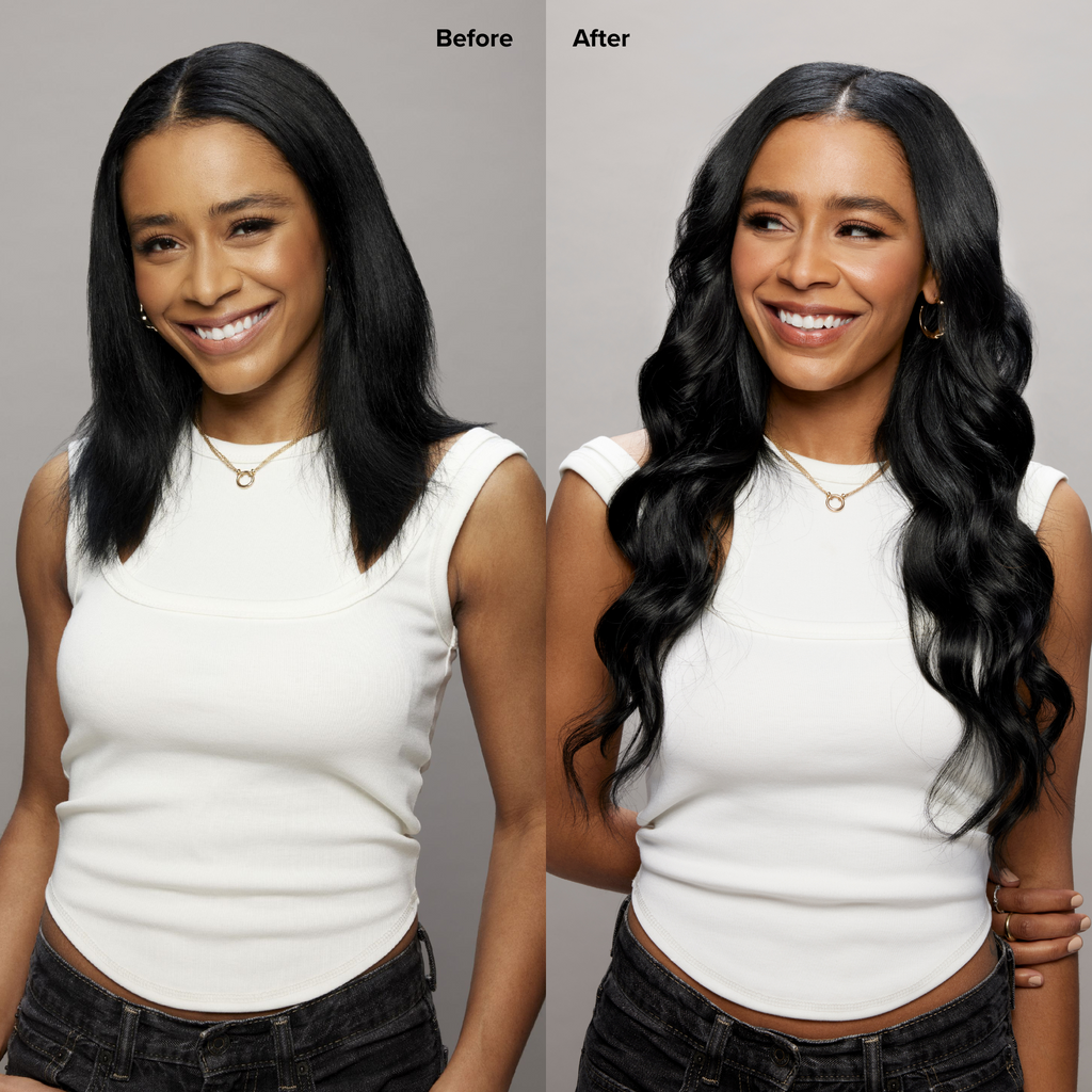 1A Ash Black Seamless Straight Clip-In Hair Extensions Before and After