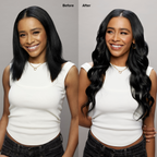 1A Ash Black Seamless Straight Clip-In Hair Extensions Before and After