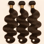 Three #2 chocolate brown body wave human hair bundles standing side by side