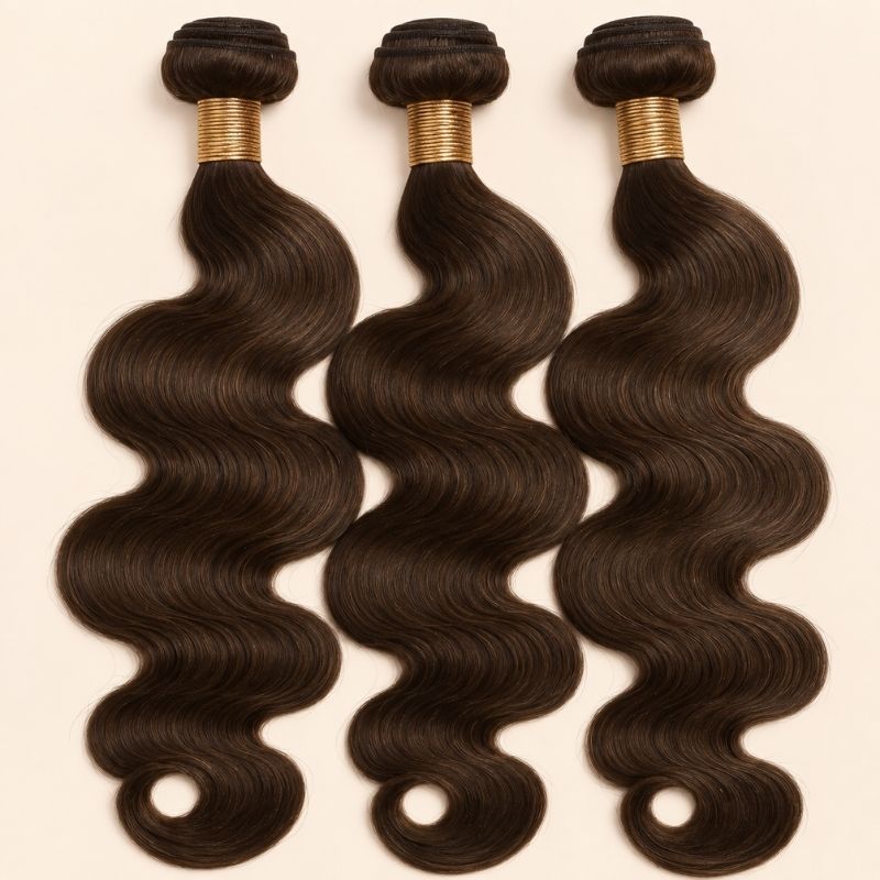 Three #2 chocolate brown body wave human hair bundles standing side by side