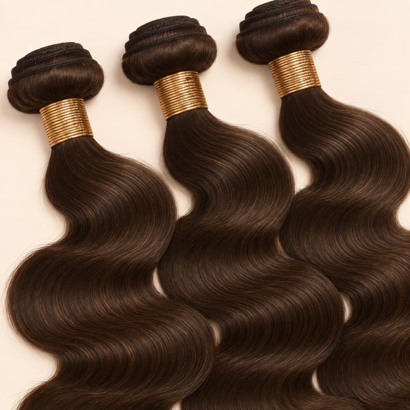 Three #2 chocolate brown body wave bundles angled to show the machine-sewn wefts
