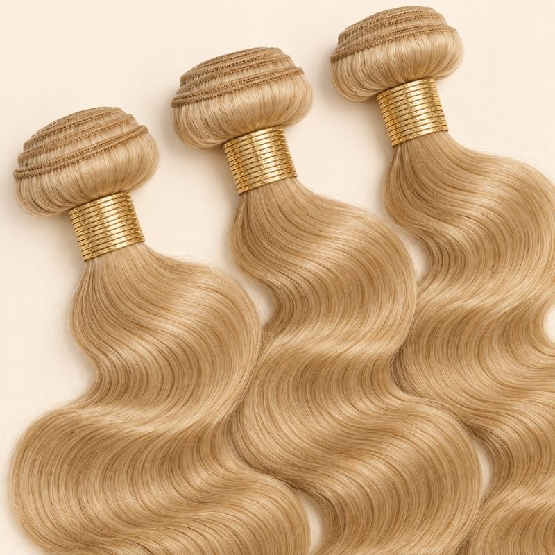 Three #27 honey blonde body wave bundles angled to show the machine-sewn wefts