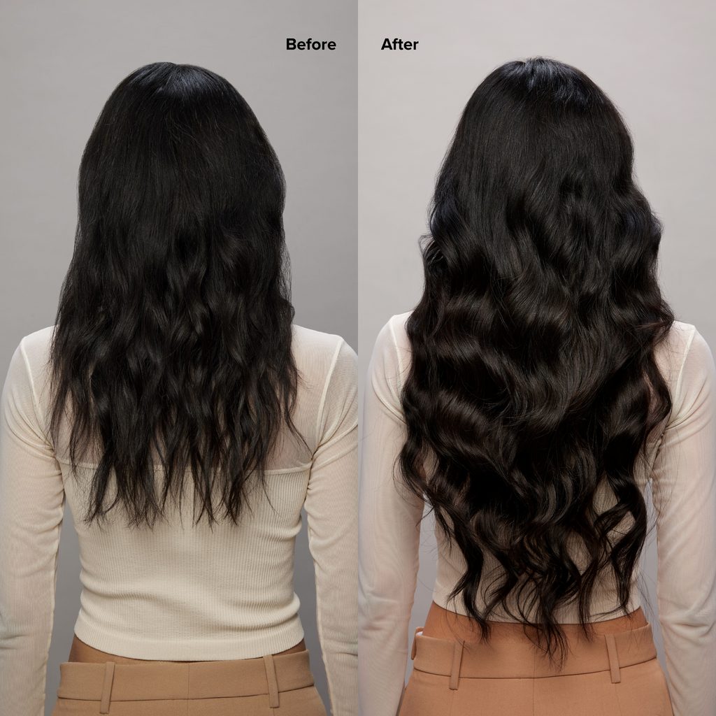 2 Soft Black Seamless Straight Clip-In Hair Extensions Before and After