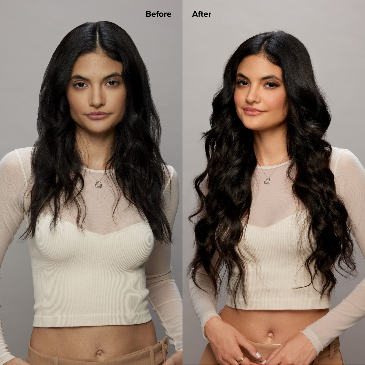 2 Soft Black Seamless Straight Clip-In Hair Extensions Before and After