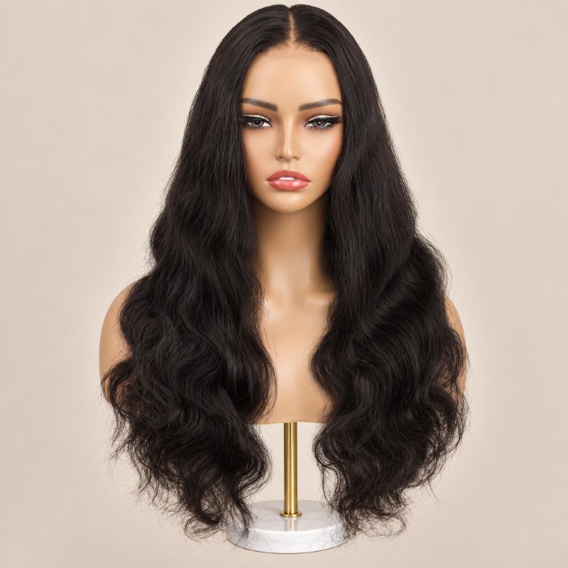 Closer view of a body wave glueless 2x6 HD lace closure wig with a six-inch middle part on HD lace