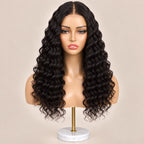 Closer view of a deep wave glueless 2x6 HD lace closure wig with a six-inch middle part on HD lace