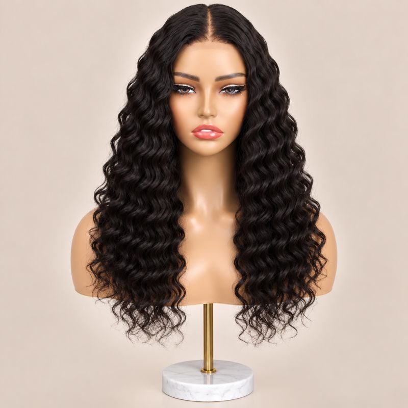 Closer view of a deep wave glueless 2x6 HD lace closure wig with a six-inch middle part on HD lace