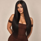 Model wearing a straight glueless 2x6 HD lace closure wig in natural black 100% human hair