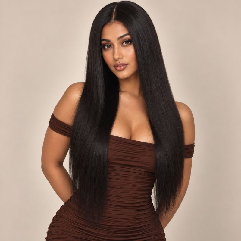 Model wearing a straight glueless 2x6 HD lace closure wig in natural black 100% human hair