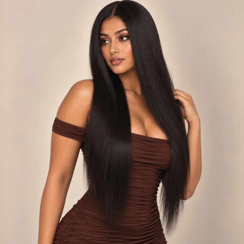 Straight glueless 2x6 HD lace closure wig shown from another angle, 180% density in natural black