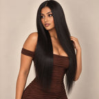 Straight glueless 2x6 HD lace closure wig shown from another angle, 180% density in natural black