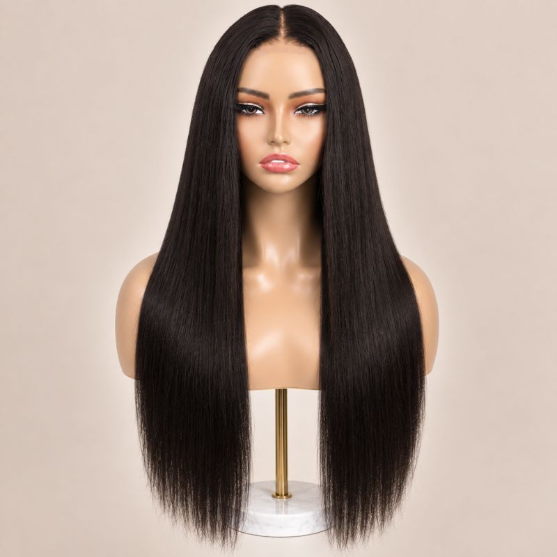 Closer view of a straight glueless 2x6 HD lace closure wig with a six-inch middle part on HD lace