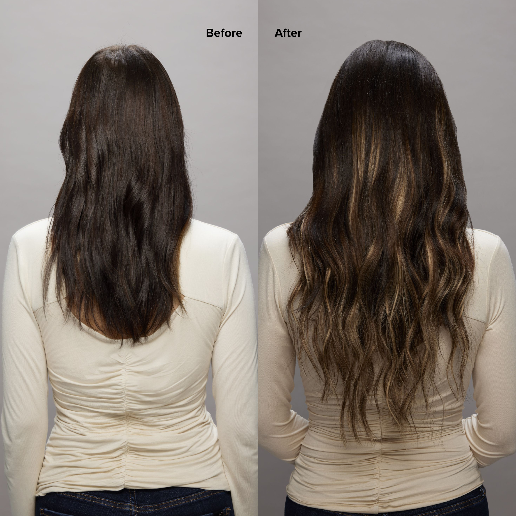 4 Dark Brown with 8 Blonde Highlights Seamless Clip-Ins Before and After