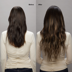 4 Dark Brown with 8 Blonde Highlights Seamless Clip-Ins Before and After