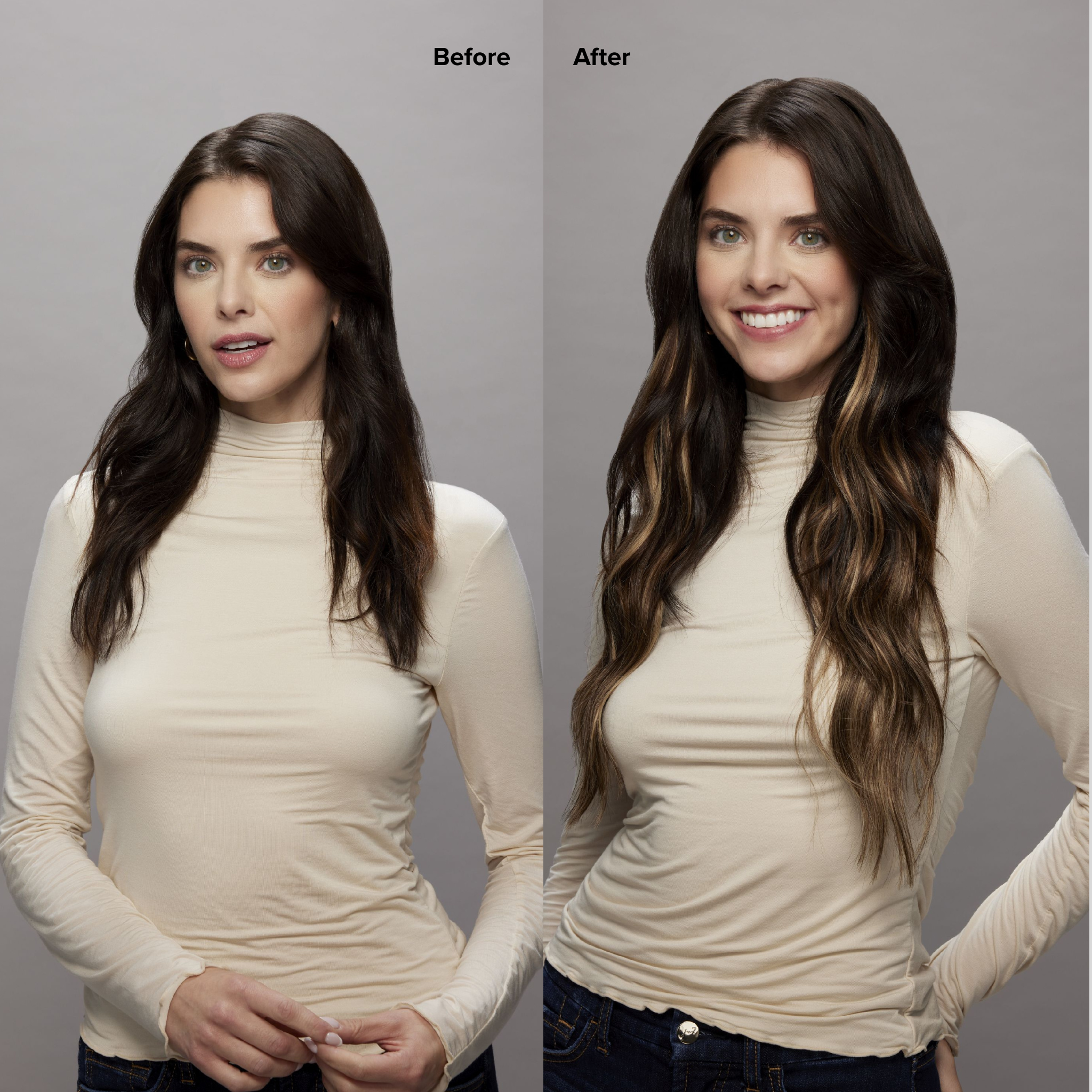4 Dark Brown with 8 Blonde Highlights Seamless Clip-Ins Before and After