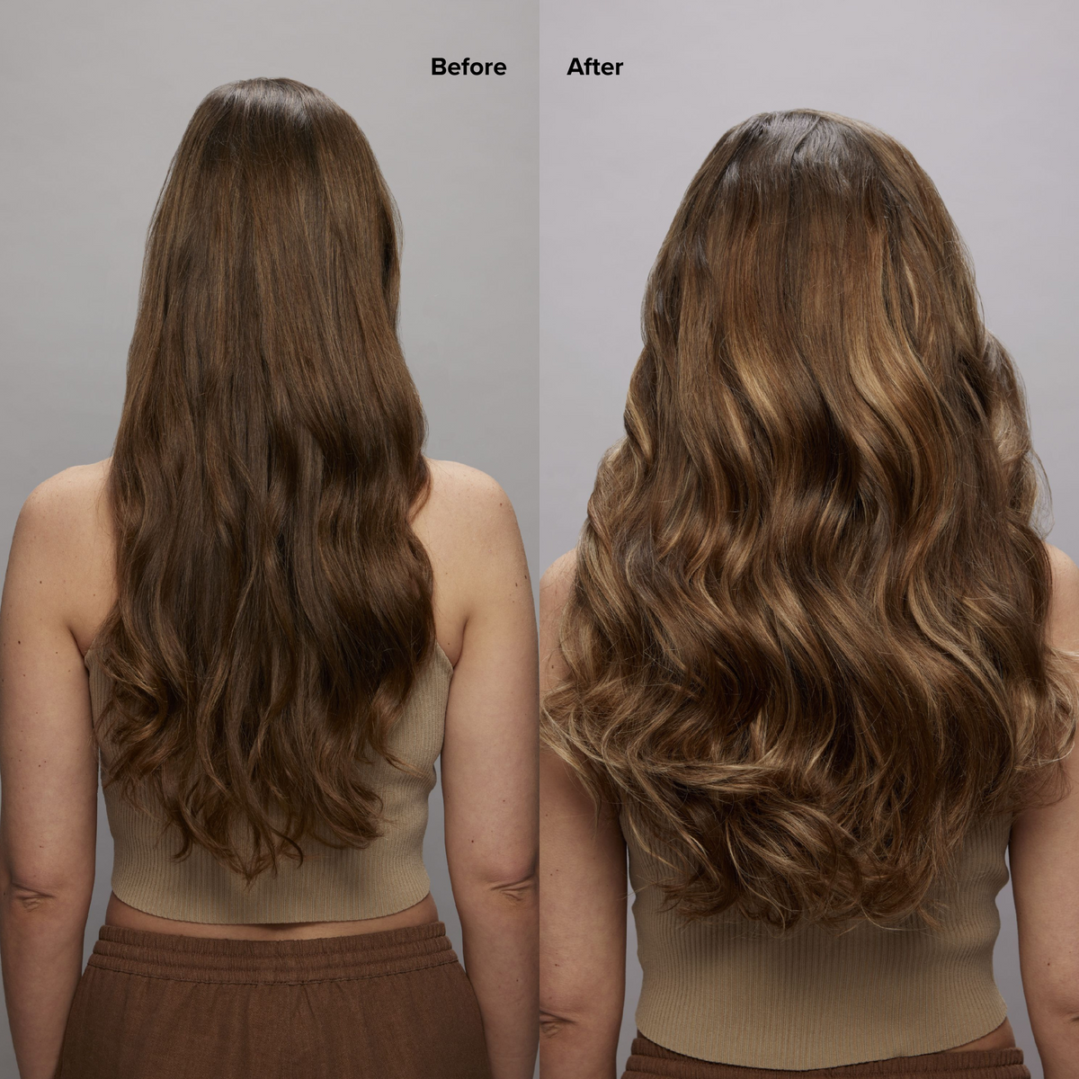 6 Medium Brown with 8 Blonde Highlights Seamless Clip-Ins Before and After