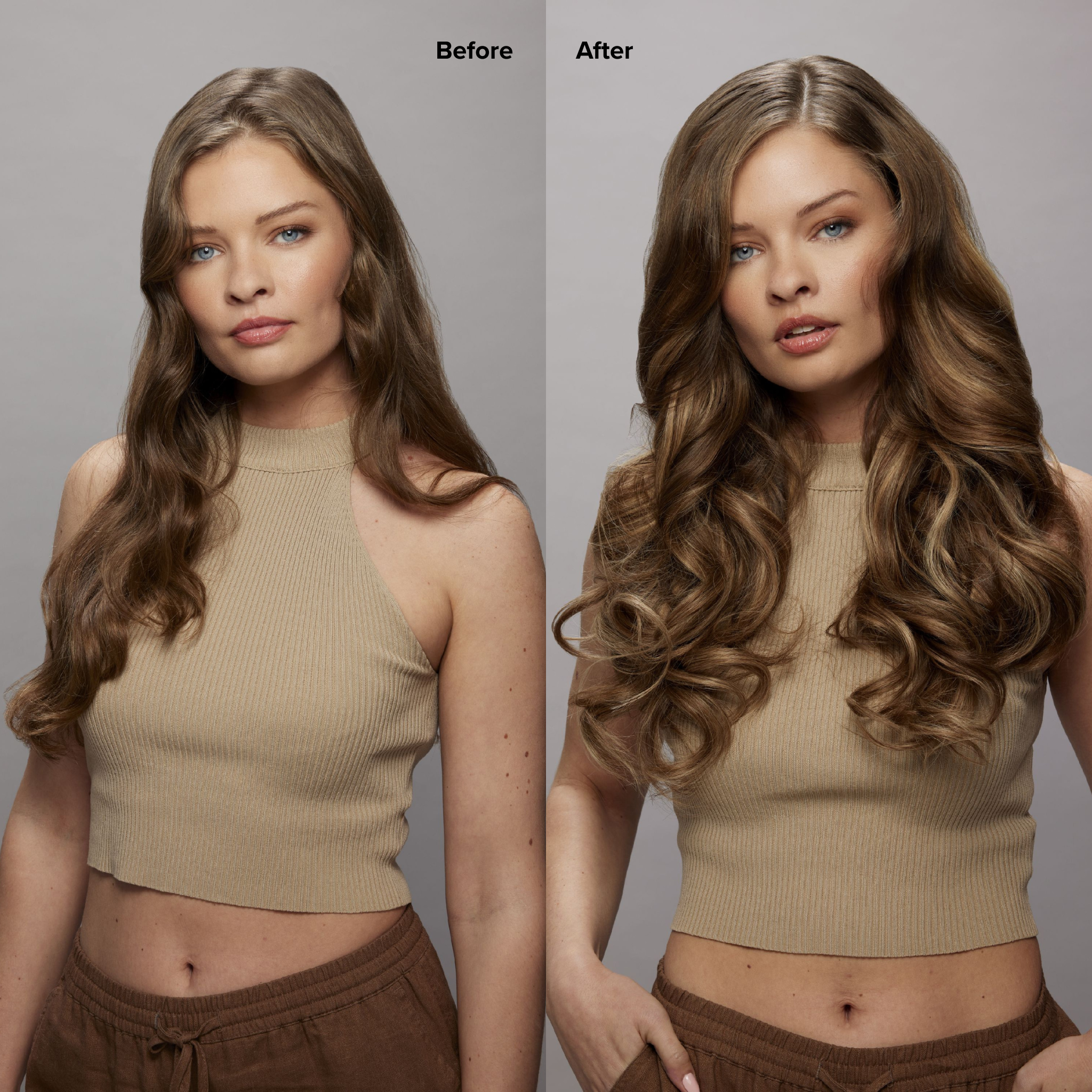 6 Medium Brown with 8 Blonde Highlights Seamless Clip-Ins Before and After