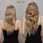 7A Dark Ash Blonde with 10 Light Blonde Highlights Seamless Clip-Ins Before and After