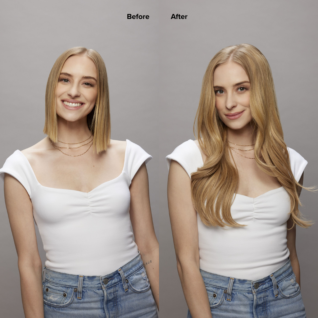 7 Dark Warm Blonde with 8 Blonde Balayage Seamless Clip-Ins Before and After