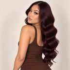 Model wearing a 99j burgundy body wave sew-in made from the three bundle deal