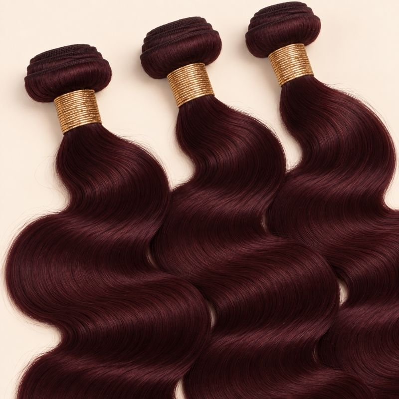 Three 99j burgundy body wave bundles angled to show the machine-sewn wefts