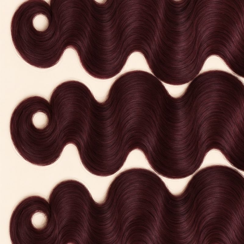 Three 99j burgundy body wave wefts laid flat, showing the staggered lengths