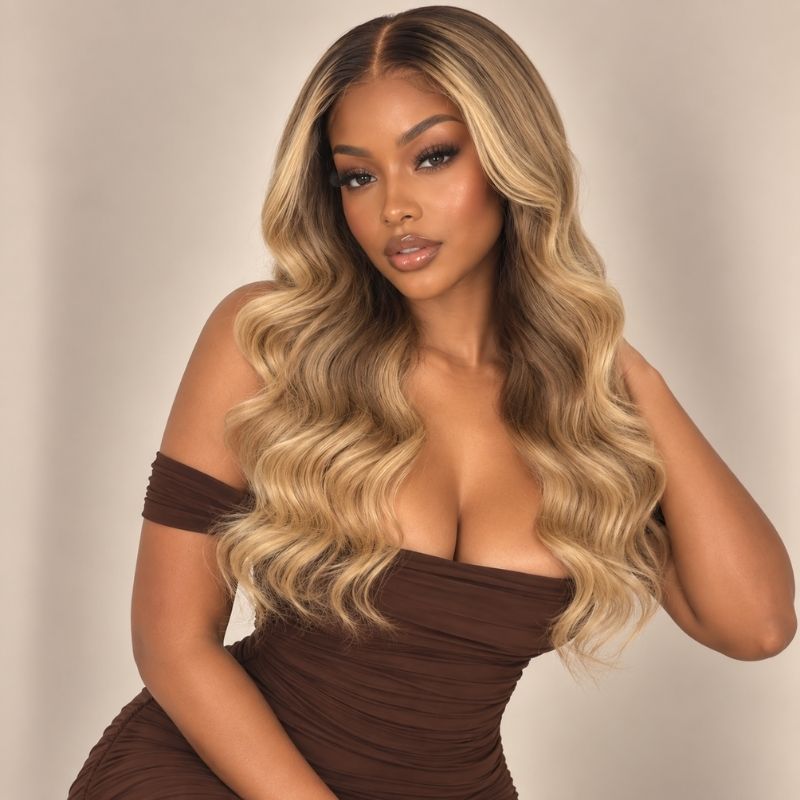 Model wearing the Amber glueless 5x5 HD closure wig in warm blonde